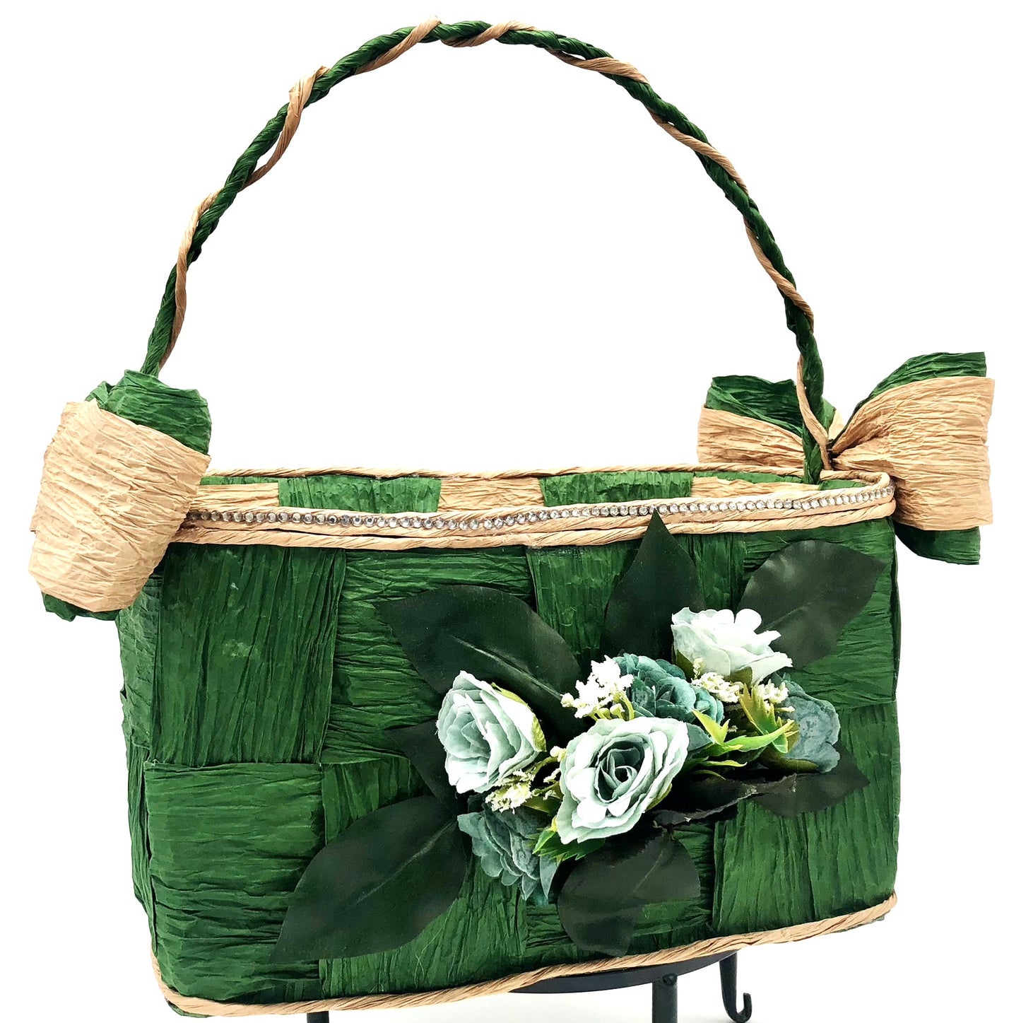 Green Hand-Woven Storage Basket - Eco-friendly (made with twisted raffia paper)