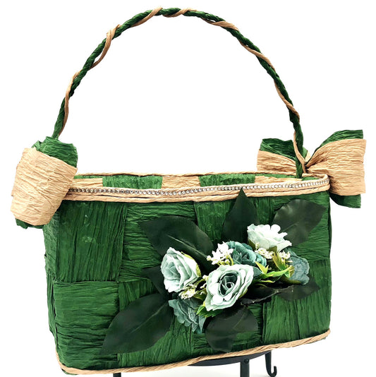 Green Hand-Woven Storage Basket - Eco-friendly (made with twisted raffia paper)