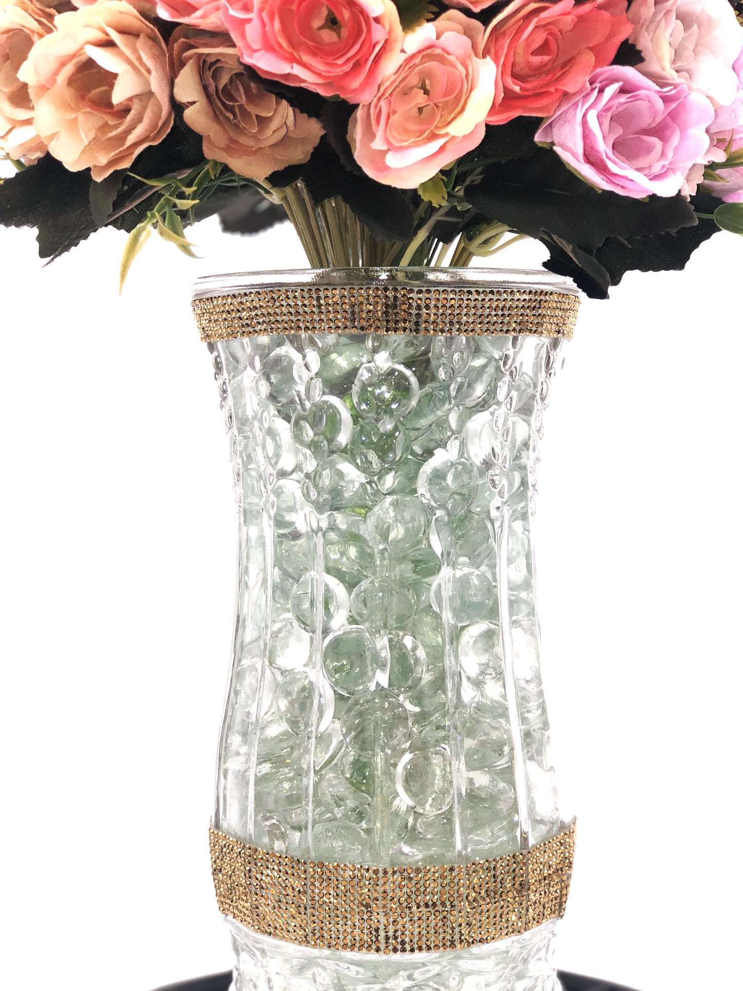 Rose Color Medley in Sculpted-Glass Vase with Crystal Rhinestone trim. Lucious bouquet of small roses with greenery a beautiful silk floral arrangement.