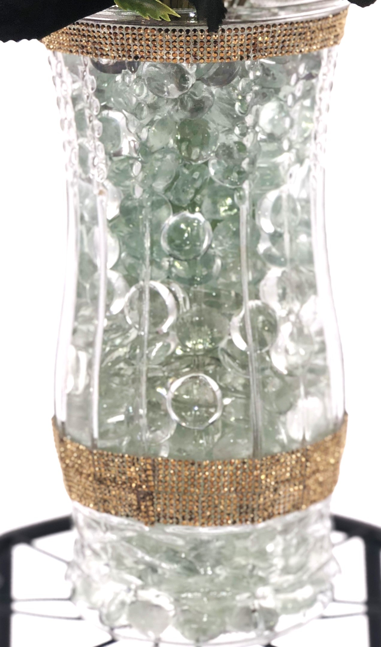 Rose Color Medley in Sculpted-Glass Vase with Crystal Rhinestone trim. Lucious bouquet of small roses with greenery a beautiful silk floral arrangement.