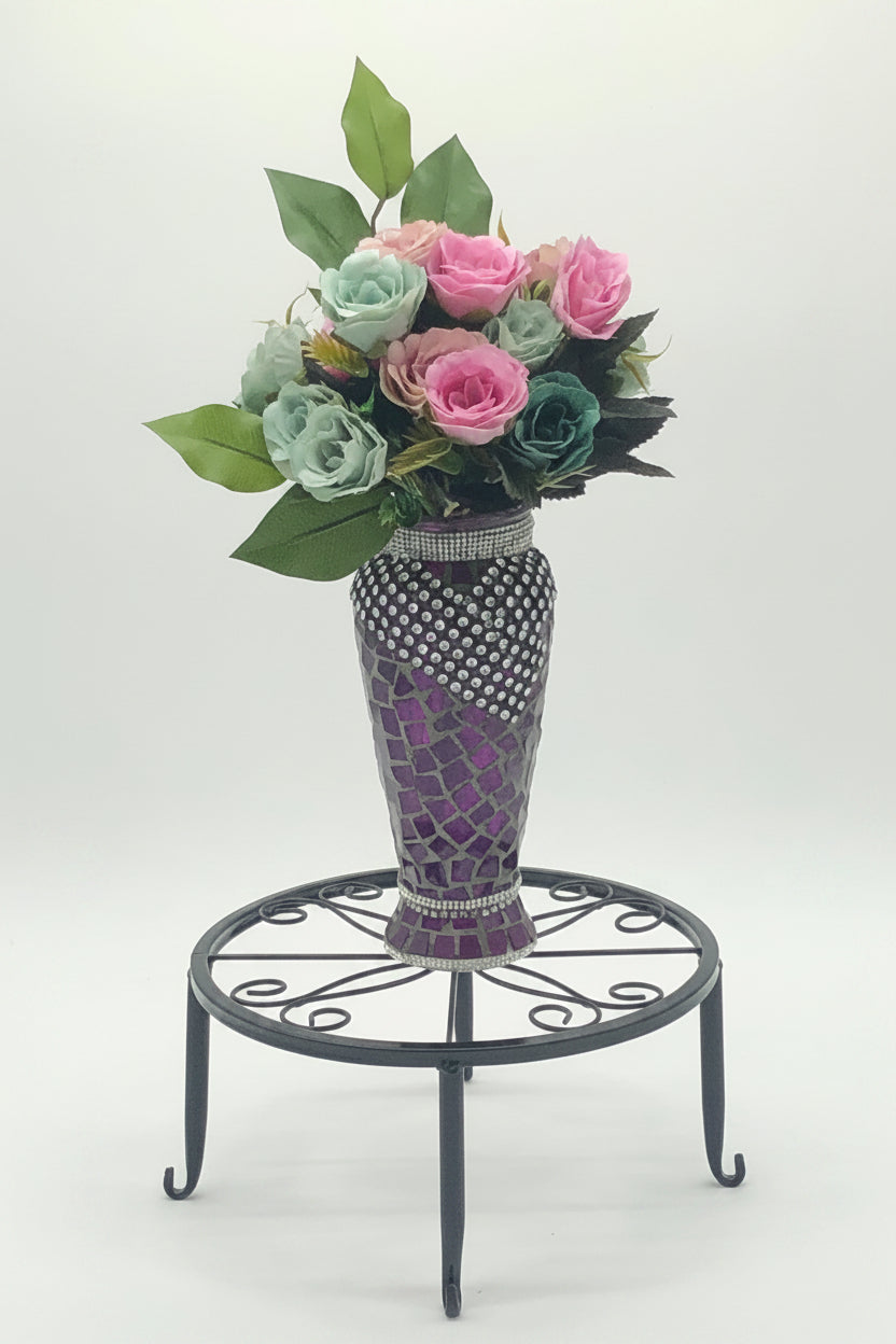 Purple Glass-Mosaic Vase, Vintage with crystal rhinestone trim.