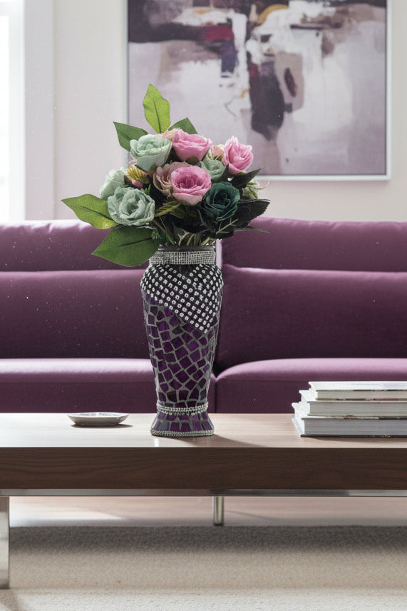 Purple Glass-Mosaic Vase, Vintage with crystal rhinestone trim.