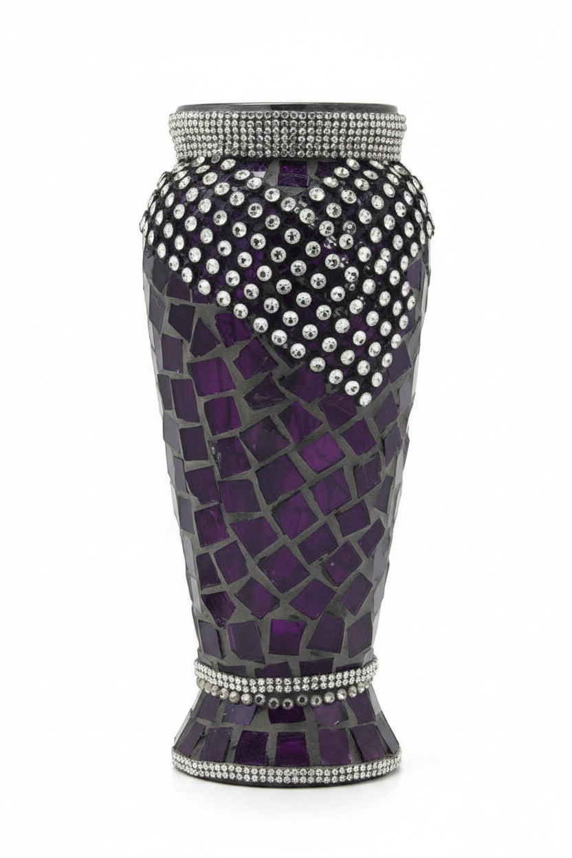 Purple Glass-Mosaic Vase, Vintage with crystal rhinestone trim.