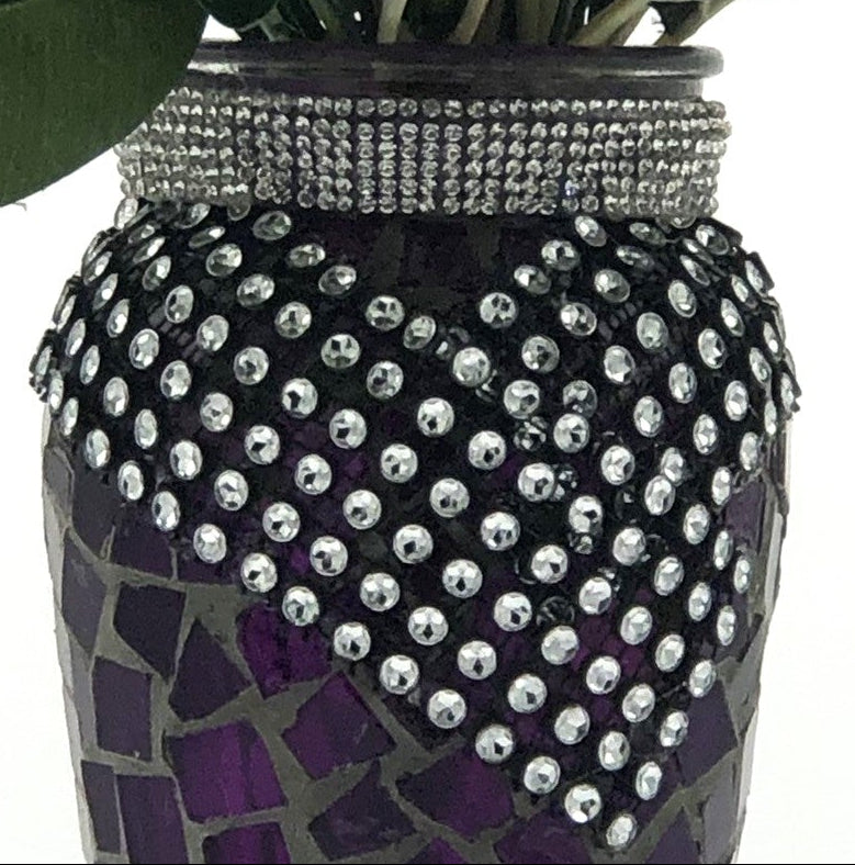 Purple Glass-Mosaic Vase, Vintage with crystal rhinestone trim.