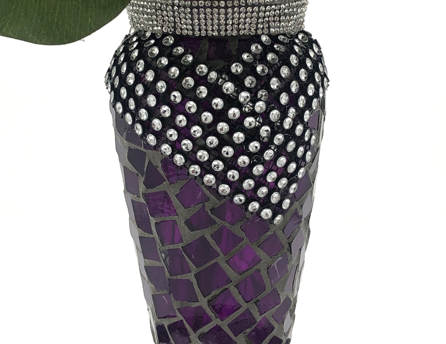 Purple Glass-Mosaic Vase, Vintage with crystal rhinestone trim.