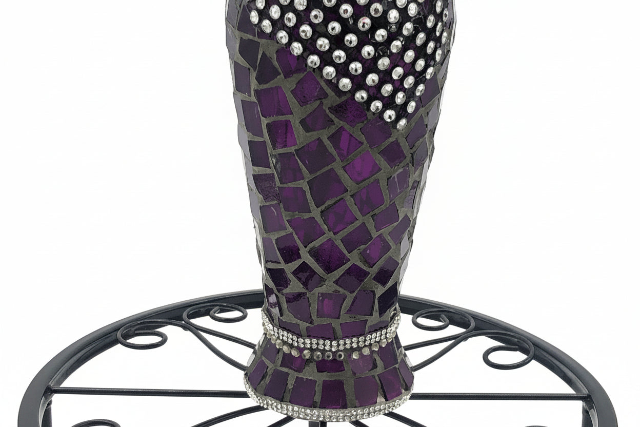 Purple Glass-Mosaic Vase, Vintage with crystal rhinestone trim.