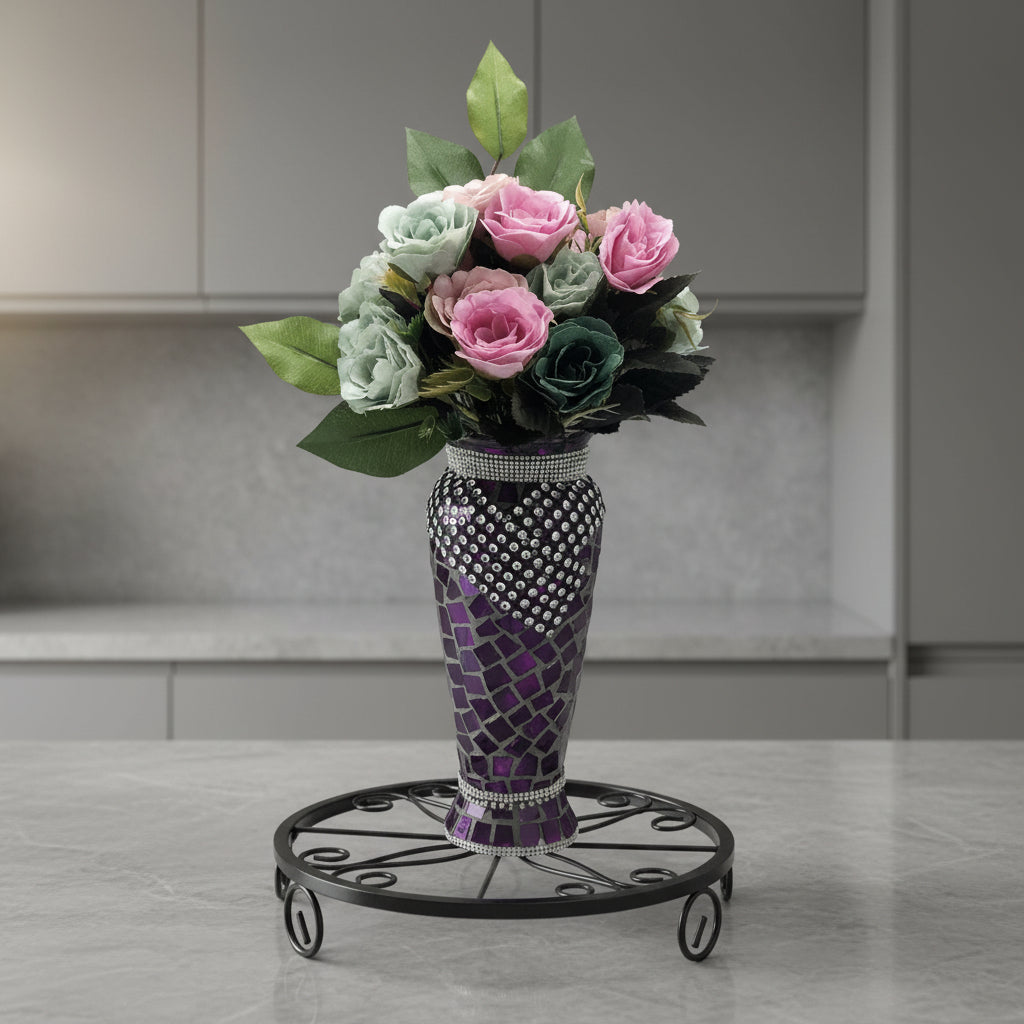 Purple Glass-Mosaic Vase, Vintage with crystal rhinestone trim.