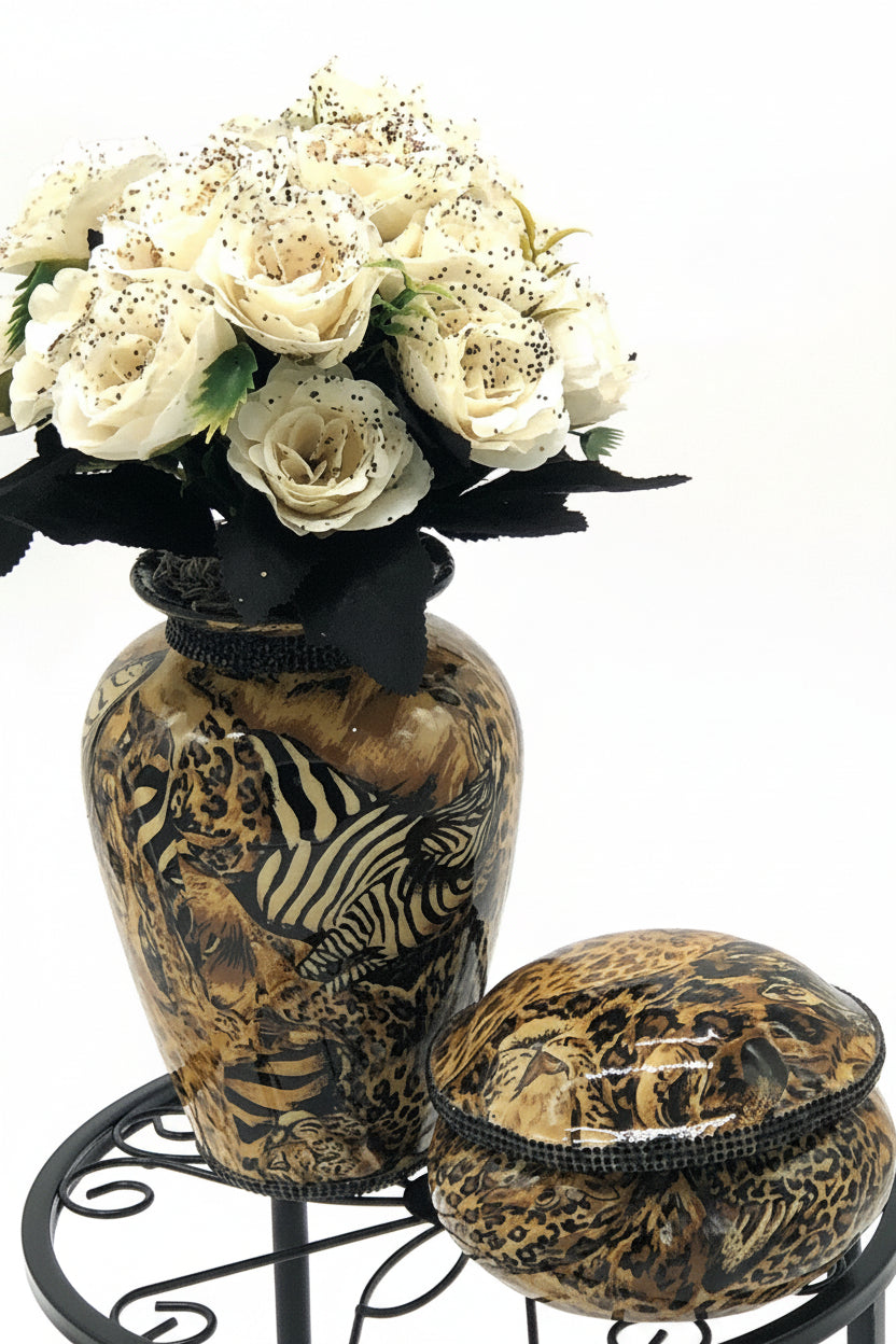 Rose Bouquet in Safari Vase Floral Arrangement with Jewelry/Candle Holder, Salt & Pepper set of 2 pieces.