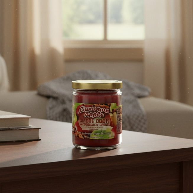 Cinnamon Apple Smoke Odor Exterminator Candle in a glass jar with a gold lid on a white background