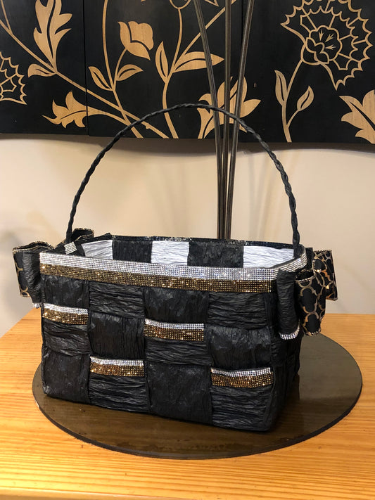 Black Hand-Woven Storage Basket Crystal Rhinestone Trim - Eco-friendly (made with twisted raffia paper).