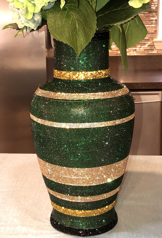 Artificial Hydrangea in Crystal Rhinestone Vase, Royalty Green silk floral arrangement. Real look, long-stem large 26" tall.
