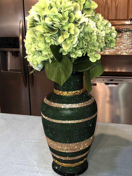 Artificial Hydrangea in Crystal Rhinestone Vase, Royalty Green silk floral arrangement. Real look, long-stem large 26" tall.