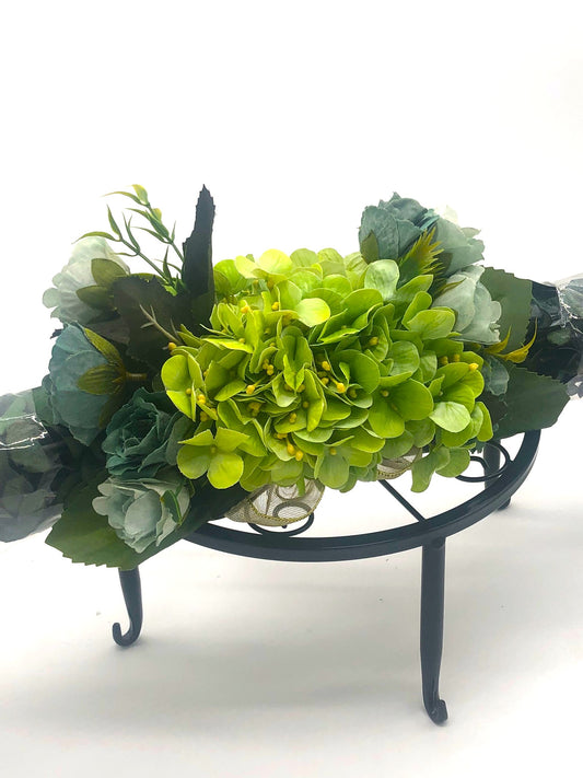 Eucalyptus Swag with Green Hydrangea, small rose bouquet, gold bow and crystal rhinestone trim. Real Eucalyptus. 32" width.