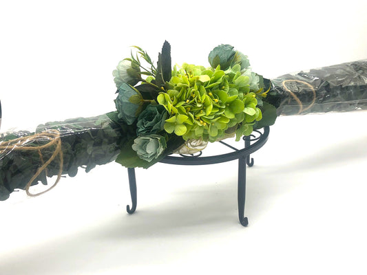Eucalyptus Swag with Green Hydrangea, small rose bouquet, gold bow and crystal rhinestone trim. Real Eucalyptus. 32" width.