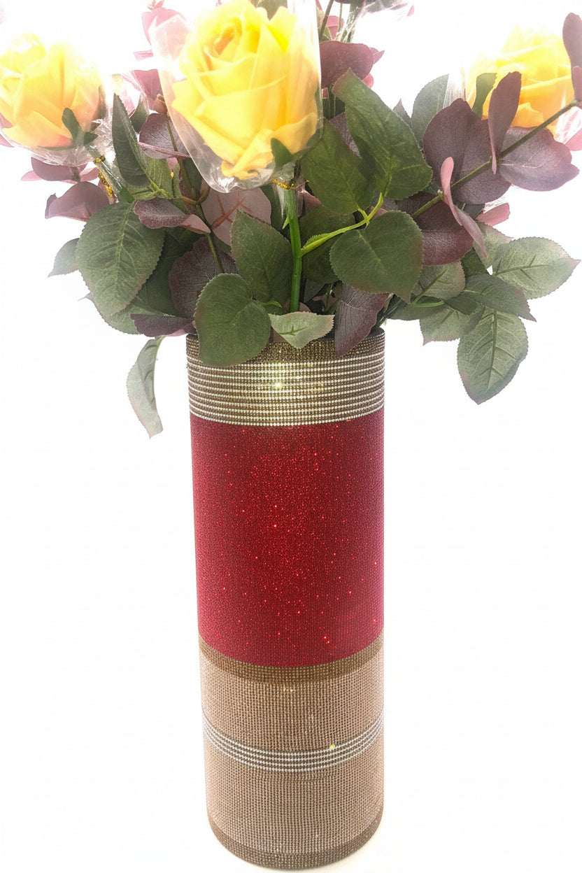 Decorative crystal rhinestone vase in red and gold glittery finish elegantly designed for your home decor by bling-it-werks.com