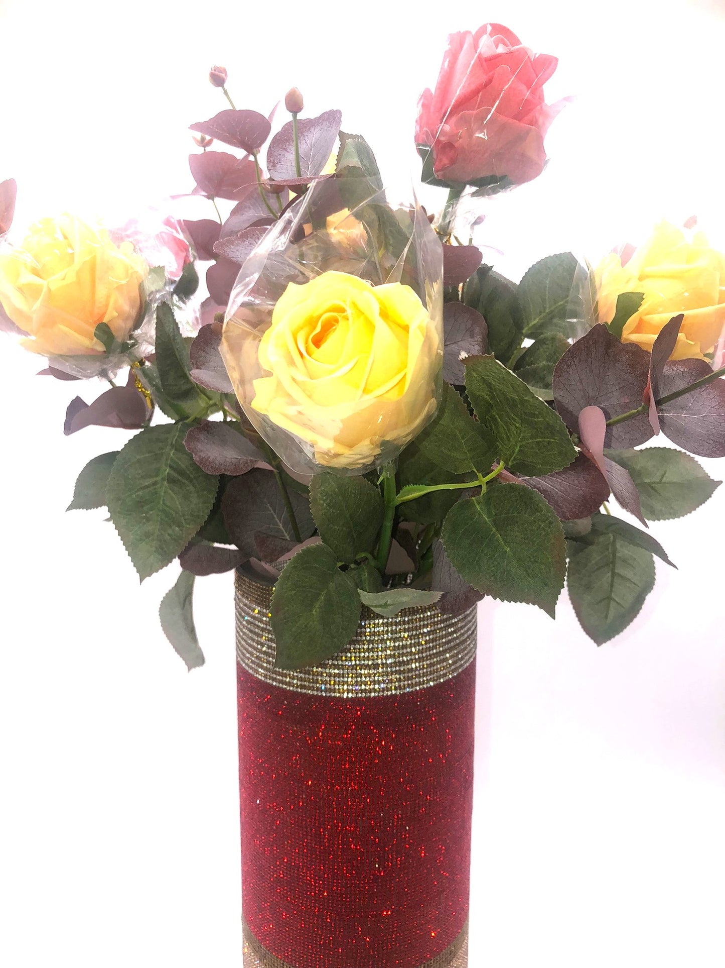 Crystal Rhinestone Vase, Cylinder, glass in Red and Gold. 15" tall.