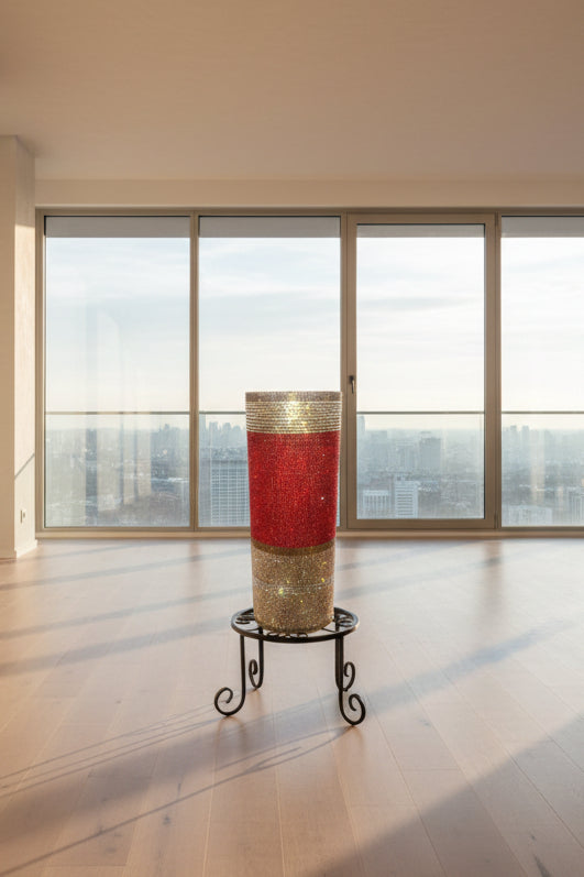 Decorative crystal rhinestone vase in red and gold glittery finish elegantly designed for your home decor by bling-it-werks.com