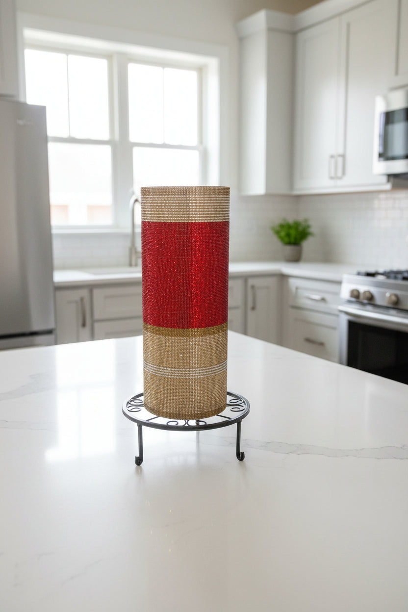 Crystal Rhinestone Vase, Cylinder, glass in Red and Gold. 15" tall.