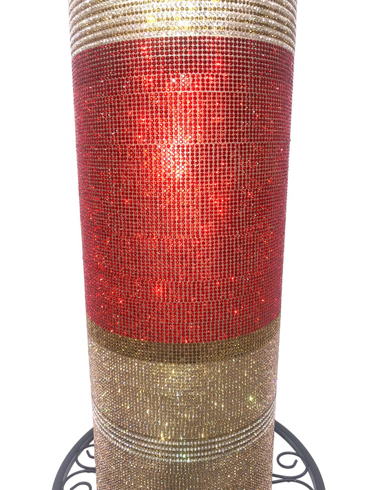 Classy Crystal Rhinestone Cylinder Vase in Red and Gold. 15" tall. Create your own silk flora arrangement with our long stem flowers.