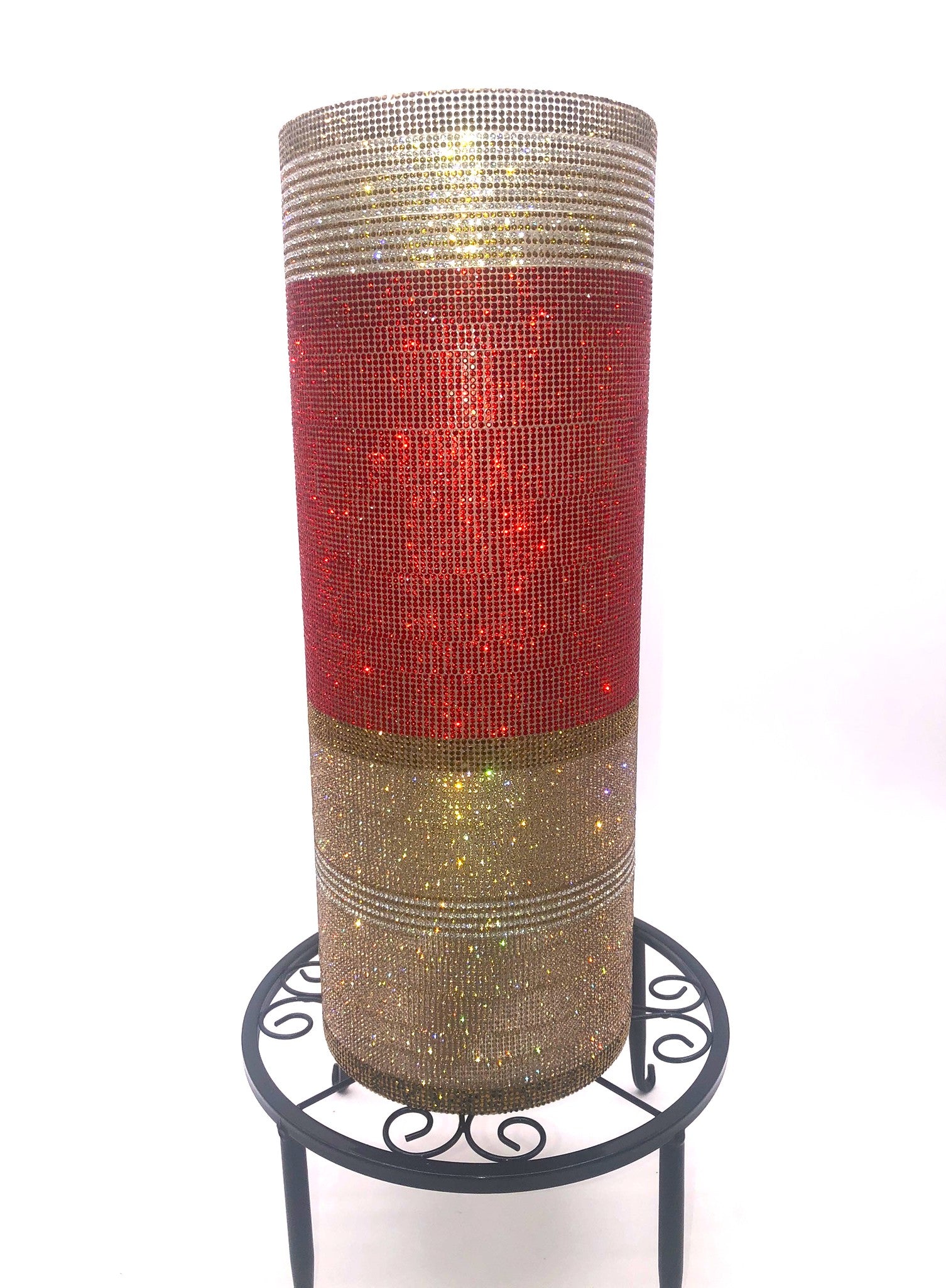 Decorative crystal rhinestone vase in red and gold glittery finish elegantly designed for your home decor by bling-it-werks.com