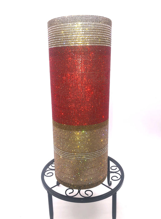 Classy Crystal Rhinestone Cylinder Vase in Red and Gold. 15" tall. Create your own silk flora arrangement with our long stem flowers.
