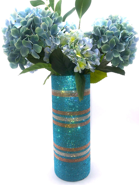 Artificial Hydrangea in Crystal Rhinestone Vase, Lake Blue. Long-stem, 26" Tall. Silk Floral Centerpiece.