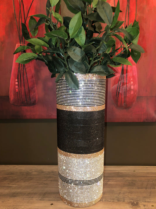 Bold Crystal Rhinestone Cylinder Vase in Black and Silver. 15" tall. Create your own silk flora arrangement with our long stem flowers.