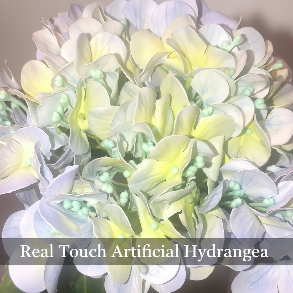 Artificial hydrangea long-stem silk floral. 20.8" Real touch with detachable stem.
