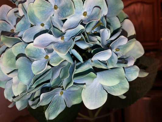 24" Artificial Hydrangea Long-stem bouquet with silk flowers and green leaves. Create your own silk floral design with tall beautiful flowers.