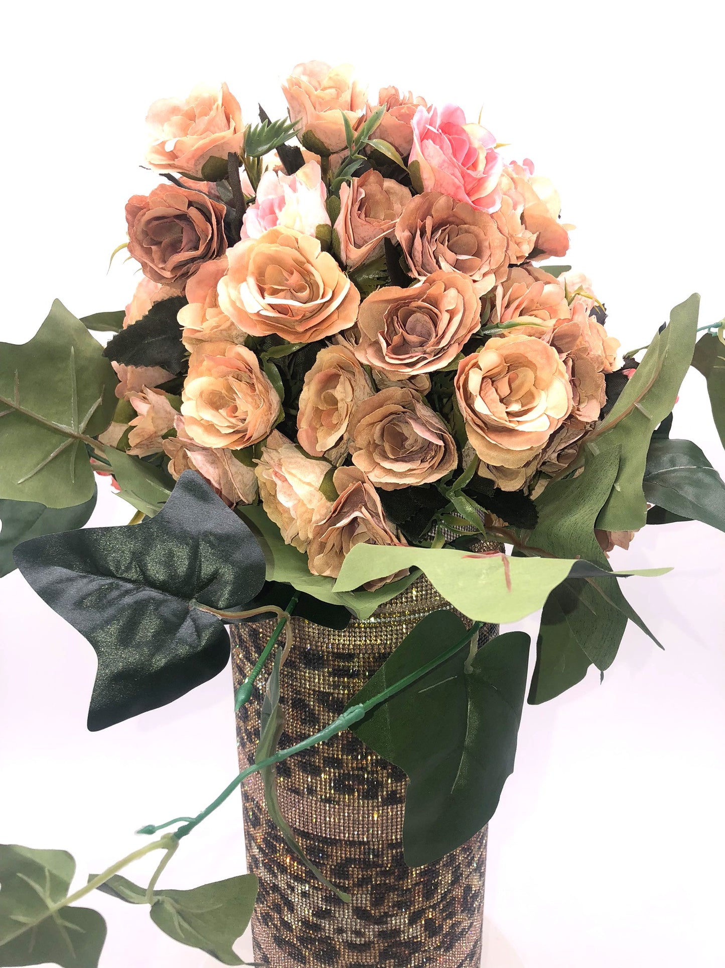 Sexy Leopard-Print Crystal Rhinestone Cylinder Vase. 15" tall. Long-stem silk floral arrangement sold separately.