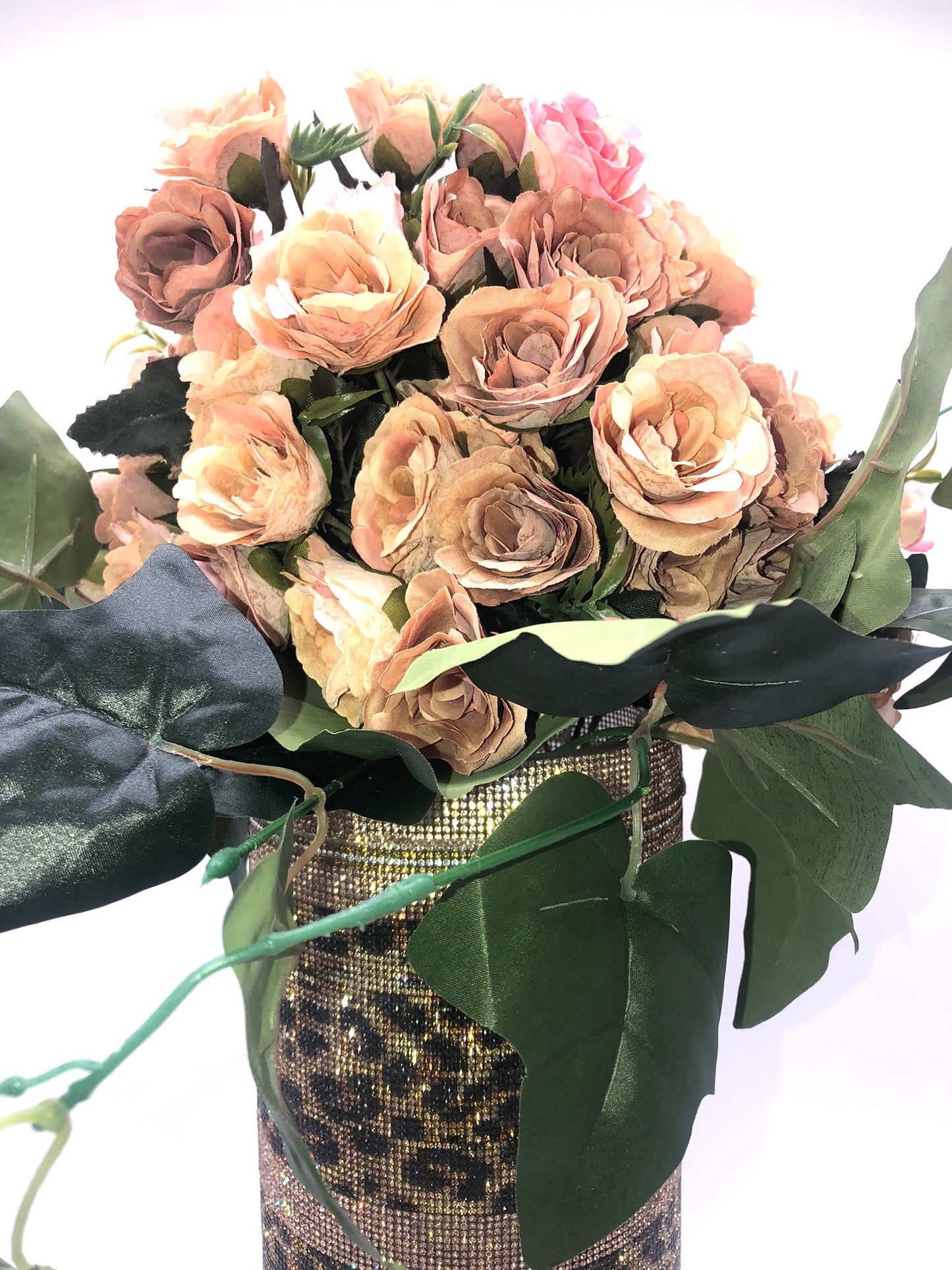 Sexy Leopard-Print Crystal Rhinestone Cylinder Vase. 15" tall. Long-stem silk floral arrangement sold separately.