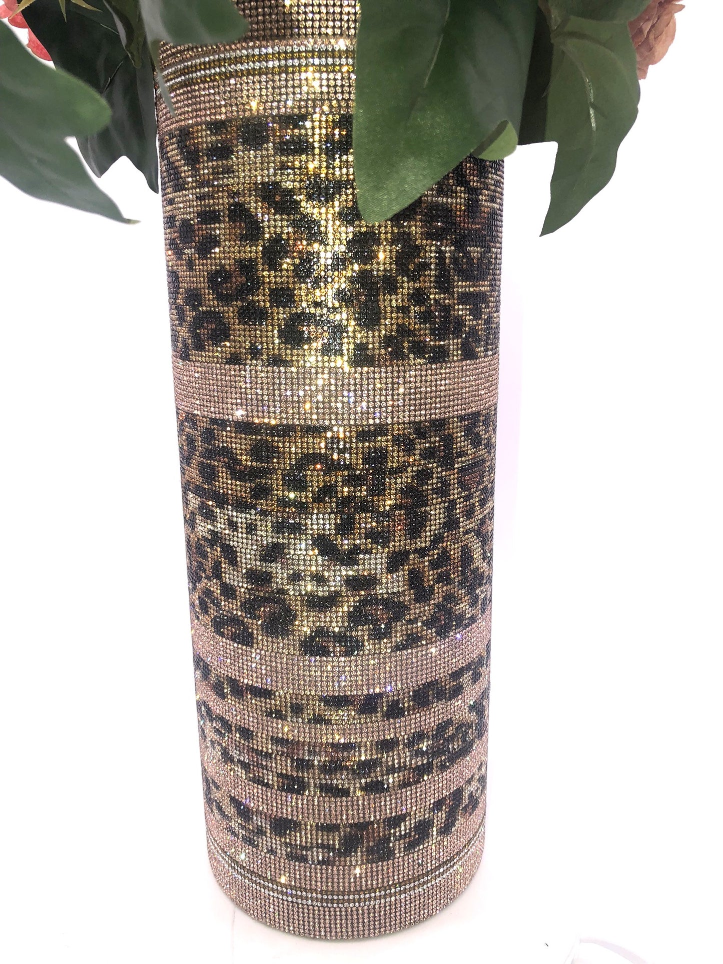 Sexy Leopard-Print Crystal Rhinestone Cylinder Vase. 15" tall. Long-stem silk floral arrangement sold separately.