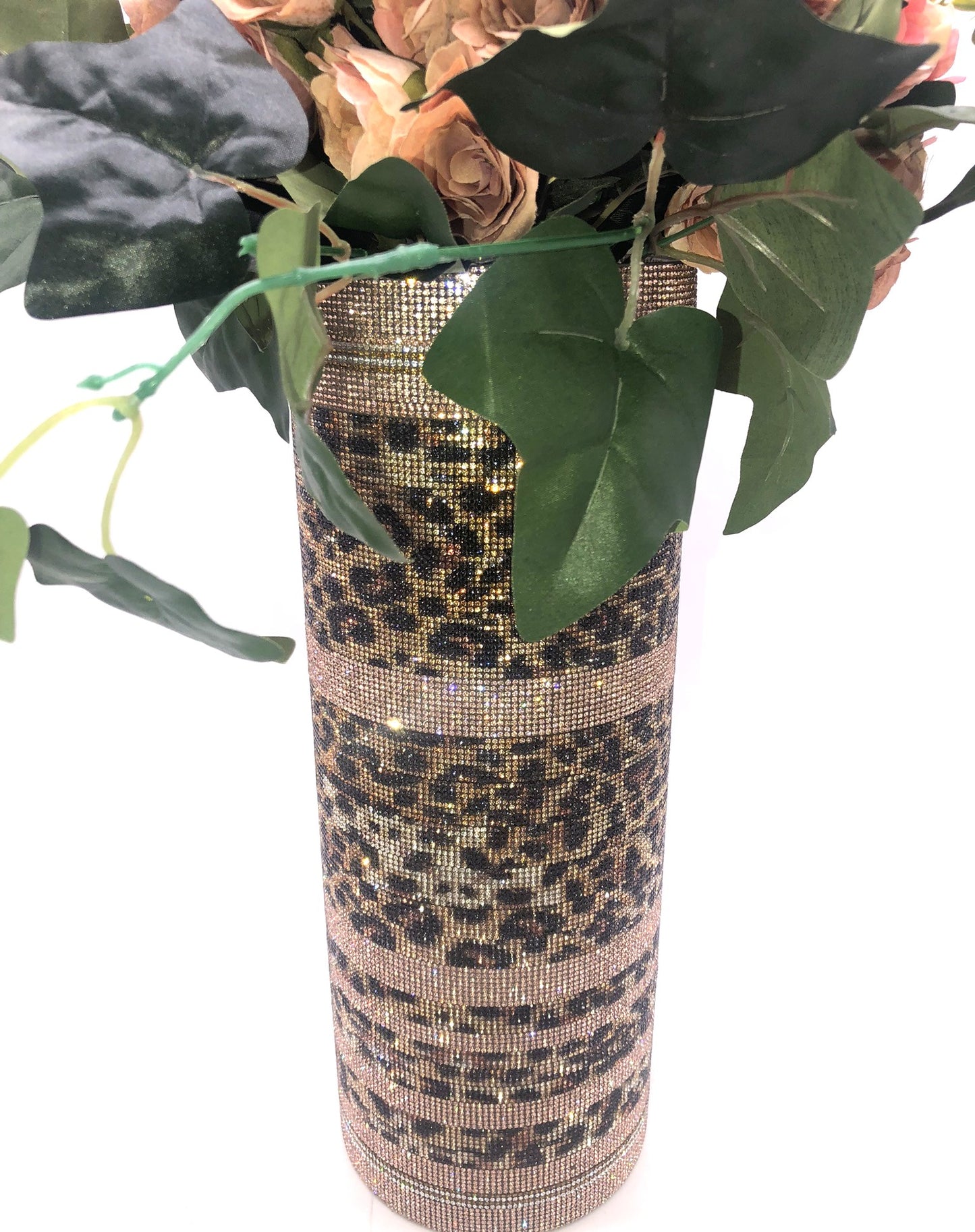 Sexy Leopard-Print Crystal Rhinestone Cylinder Vase. 15" tall. Long-stem silk floral arrangement sold separately.