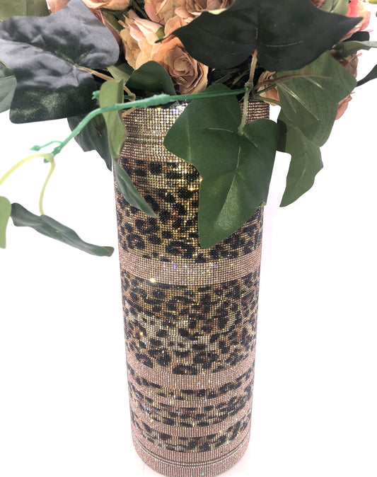 Crystal Rhinestone Vase, Sexy Leopard-Print, heavy-cylinder-glass floral container is 15" tall.