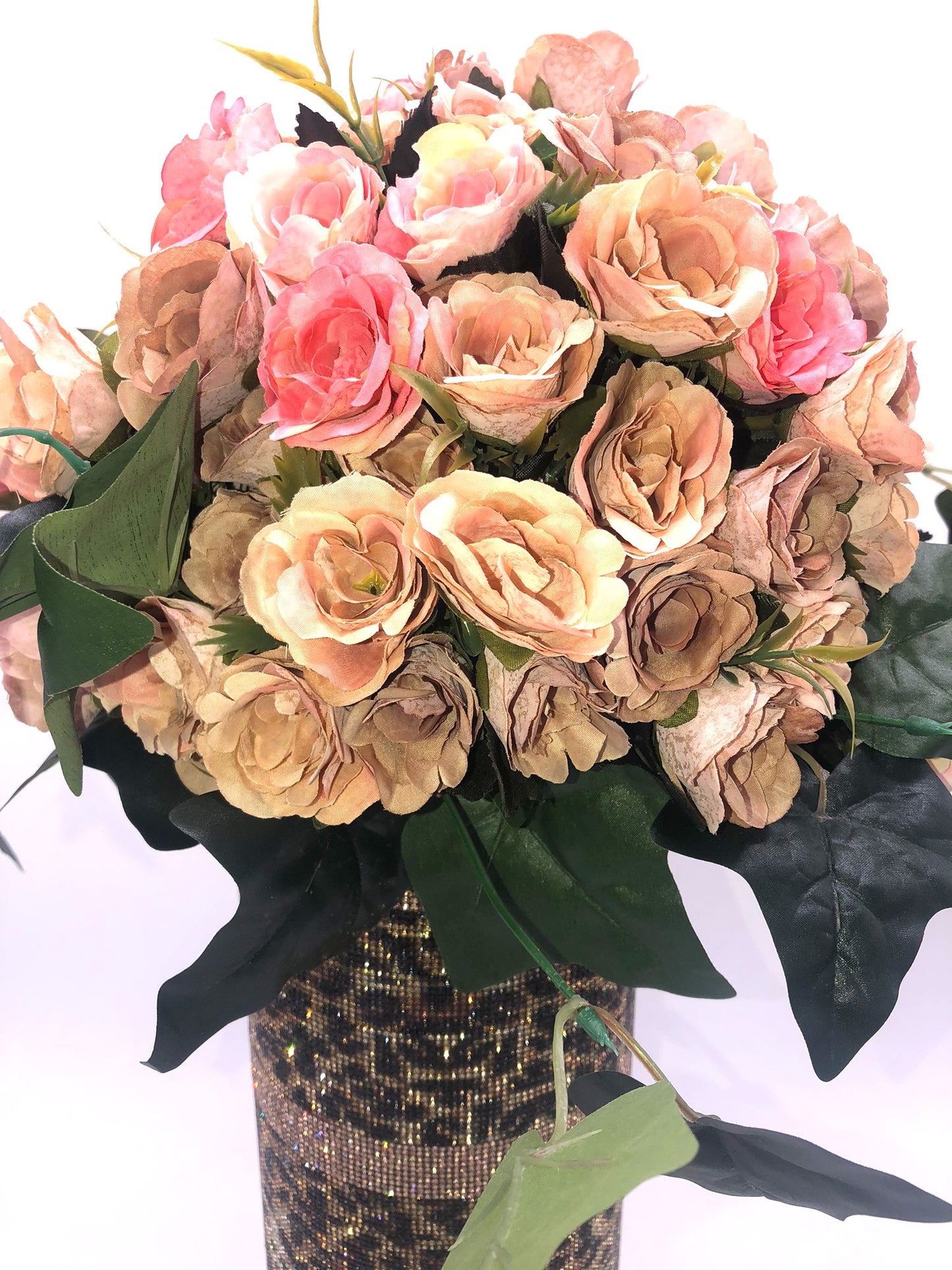 Sexy Leopard-Print Crystal Rhinestone Cylinder Vase. 15" tall. Long-stem silk floral arrangement sold separately.