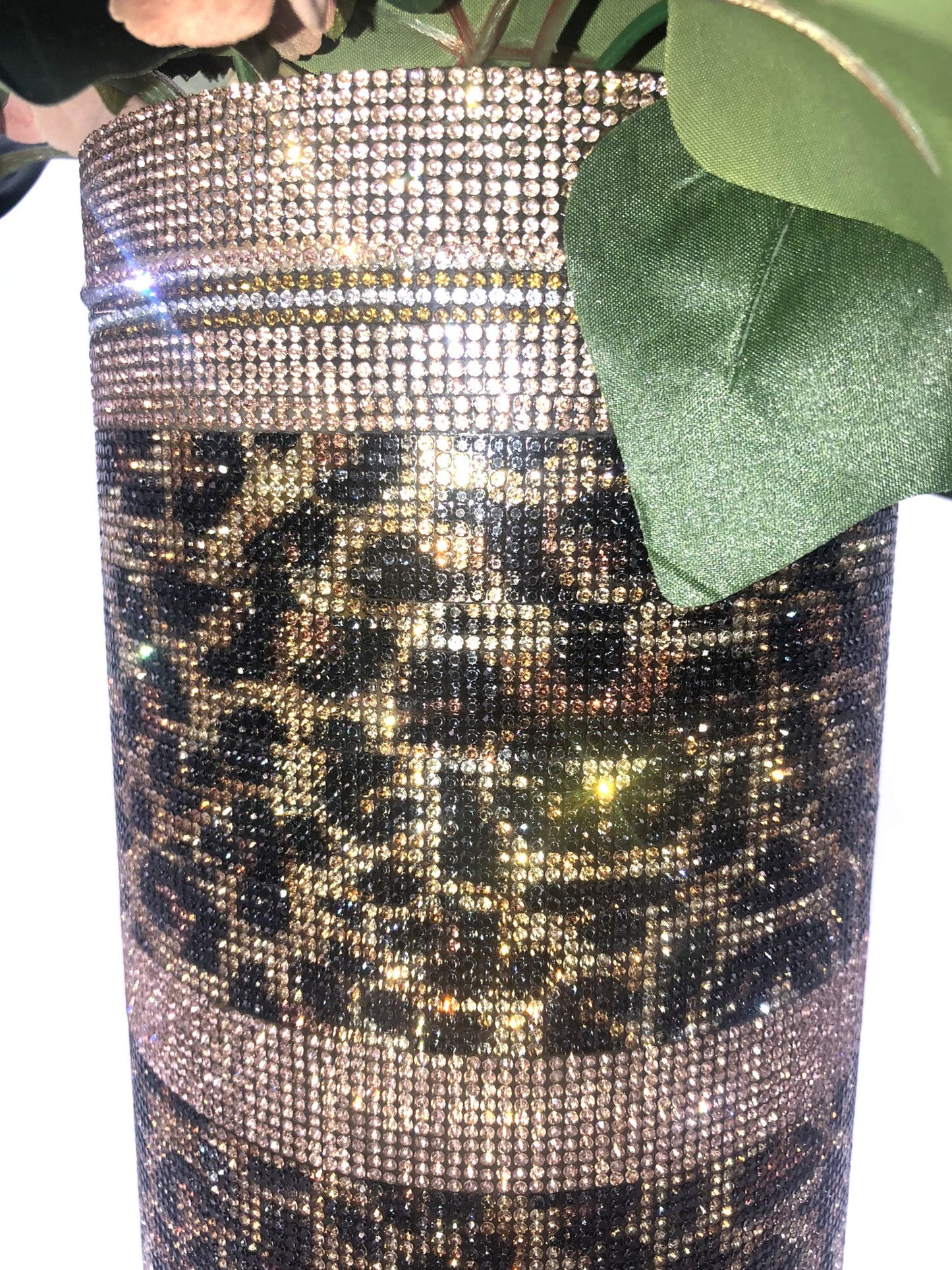 Sexy Leopard-Print Crystal Rhinestone Cylinder Vase. 15" tall. Long-stem silk floral arrangement sold separately.