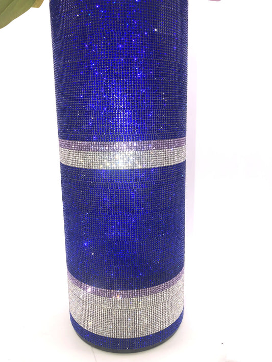 Luxury Crystal Rhinestone Cylinder Vase in navy-blue and silver. Glass, 15" tall. Create your own silk flora arrangement with our long stem flowers.