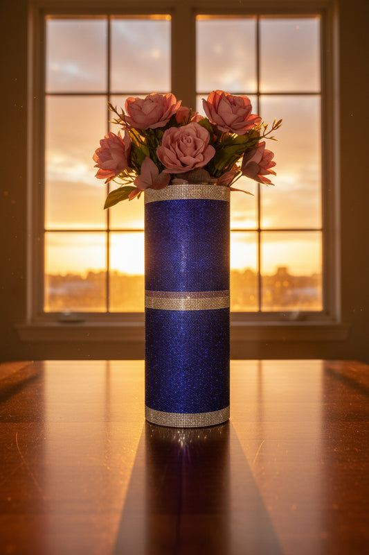 Glamorous navy blue, silver and purple crystal rhinestone vase a 15" heavy-glass-cylinder for home decor designed by bling-it-werks.com