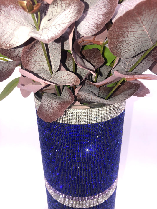 Luxury Crystal Rhinestone Cylinder Vase in navy-blue and silver. Glass, 15" tall. Create your own silk flora arrangement with our long stem flowers.